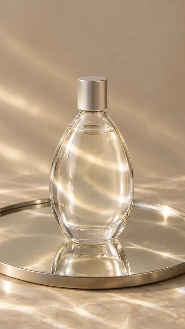 Perfume bottle on a mirrored tray with light rippling across the glass.