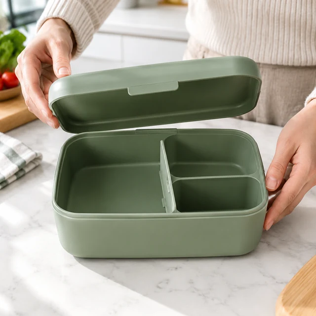 Adult hands open a plain bento lunchbox to reveal separate empty compartments on a kitchen counter.