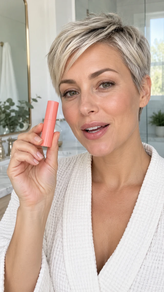 Adult woman with a short silver-blonde pixie haircut holds a plain coral lip balm beside her face at a bright vanity.
