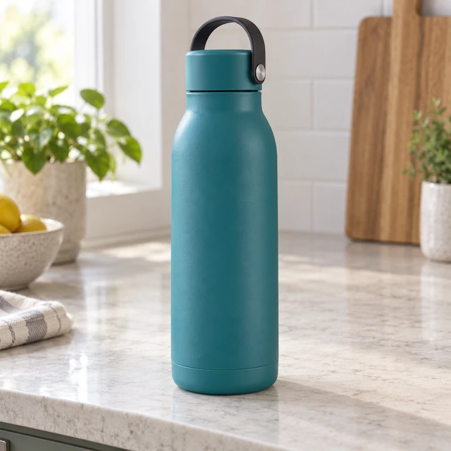Plain matte teal insulated water bottle with an integrated black loop handle, fully visible on a pale counter.