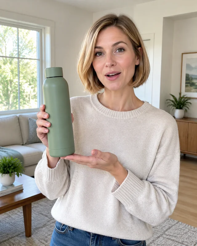 A woman with a short honey-blonde bob holds a plain sage insulated bottle with her mouth open as if speaking.
