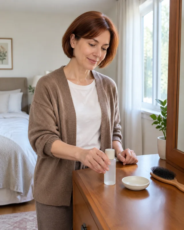A woman with a short auburn bob sets a plain frosted bottle on a bedroom dresser beside a small dish and a hairbrush.