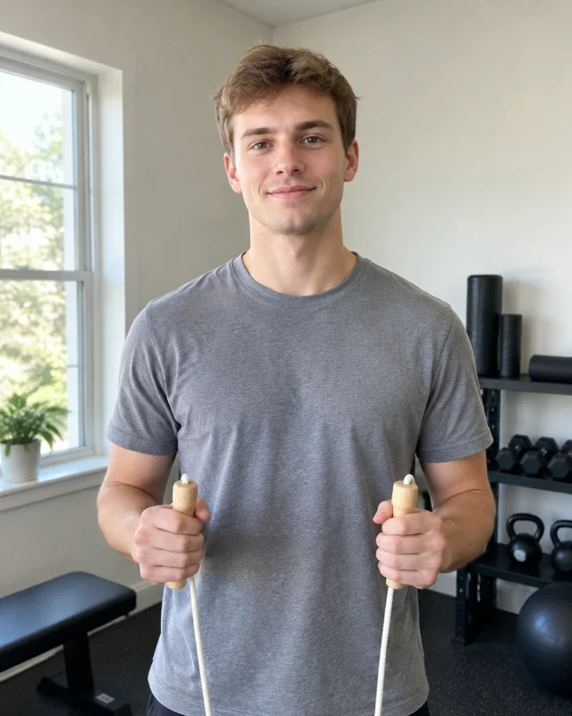 A young man in a gray t-shirt holds a plain jump rope in a home gym.